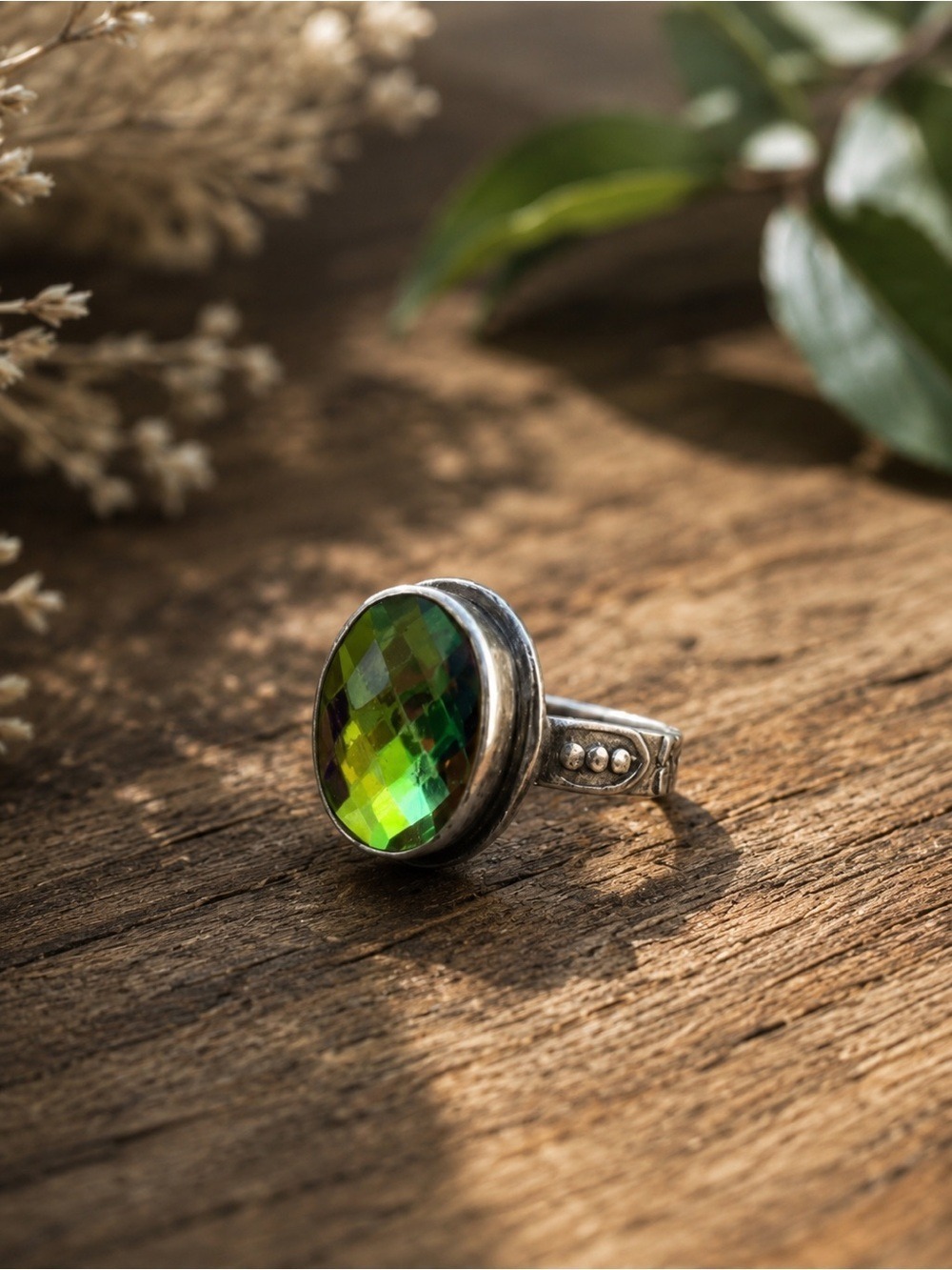 Vintage Sterling Silver Statement Ring • Faceted Iridescent Green Glass • Size 7